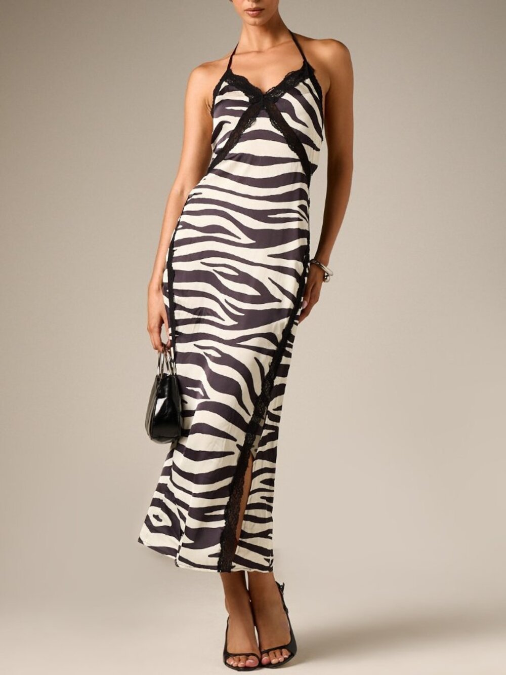 Elegant Womens Zebra Print Halter Neck Lace Trim Side Slit Open Back midi Dress